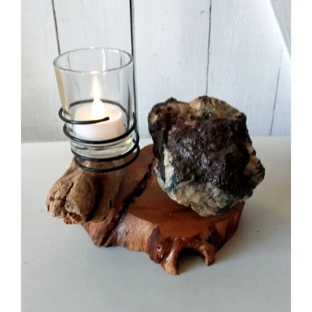Rustic Driftwood Organic Rock Candle Holder Handmade